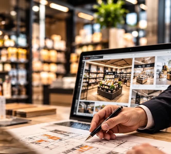 Beratung mit Ladenplan und Laptop im Geschäft