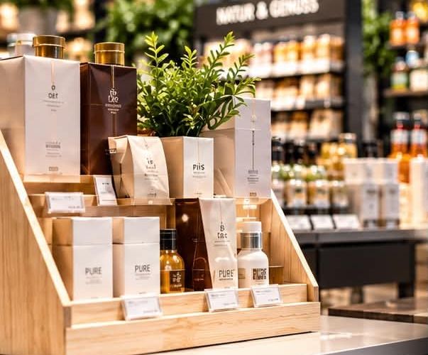 Holzdisplay mit Kosmetikprodukten am Point of Sale
