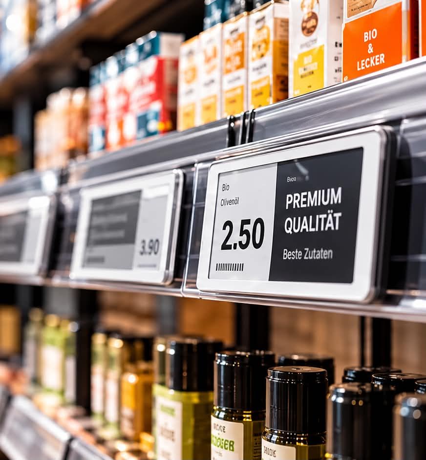 Regalkante mit elektronischen Preisschildern im Supermarkt
