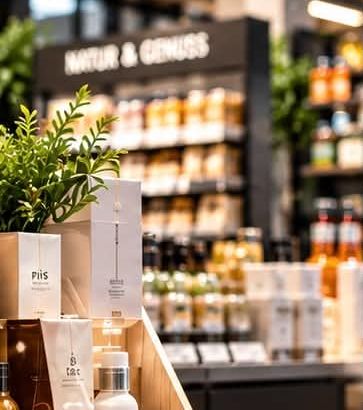 Themenregal mit Displays und Pflanzen